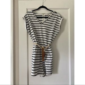 Knit belted romper with navy stripes